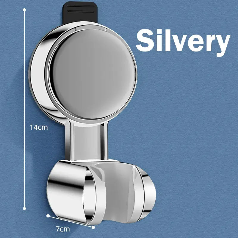 Shower head holder, punch-free suction cup wall mount in silver chrome finish, 360° adjustable