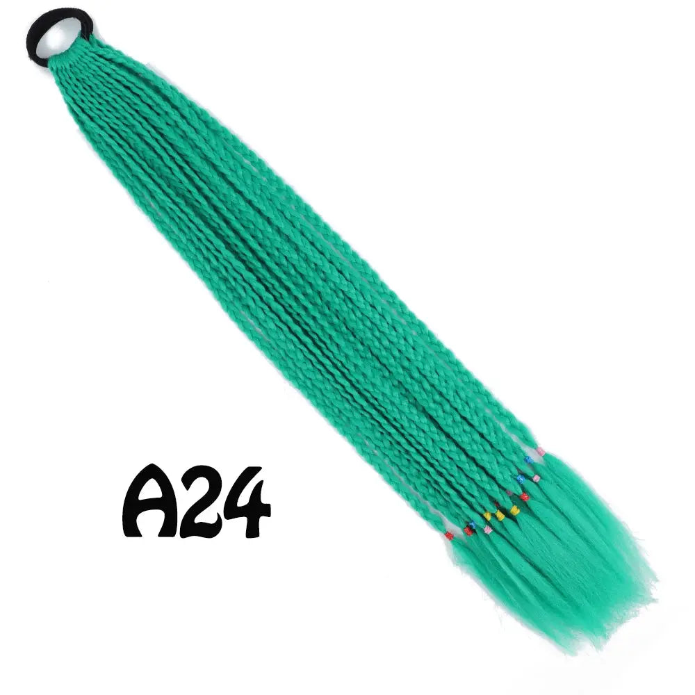 Synthetic gradient teal braided ponytail extension with elastic band, 24 inches, rainbow bead tips