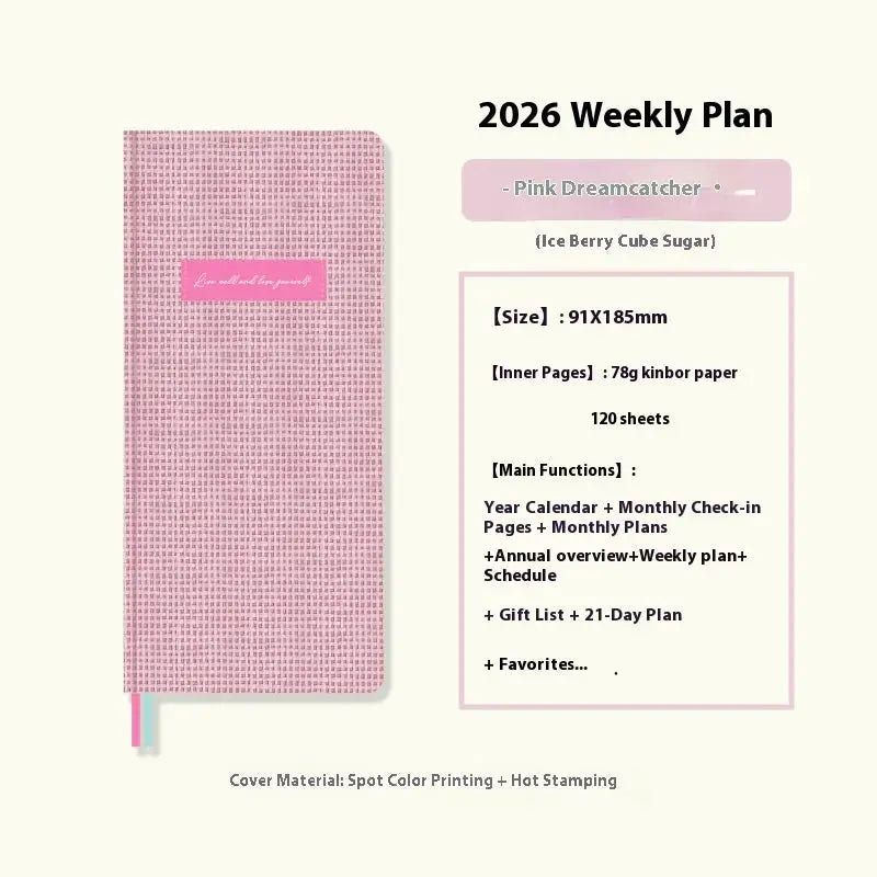 Kinbor 2026 weekly planner pocket-size notebook in pink dotted cover with pink ribbon bookmark (Simples Market)