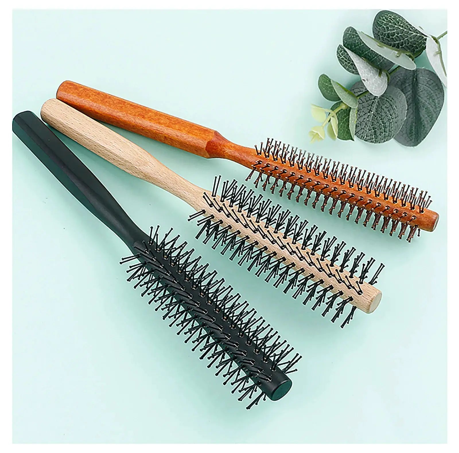 Wooden-handle round hair brushes with nylon teeth, set of 3 in black, natural and orange finishes
