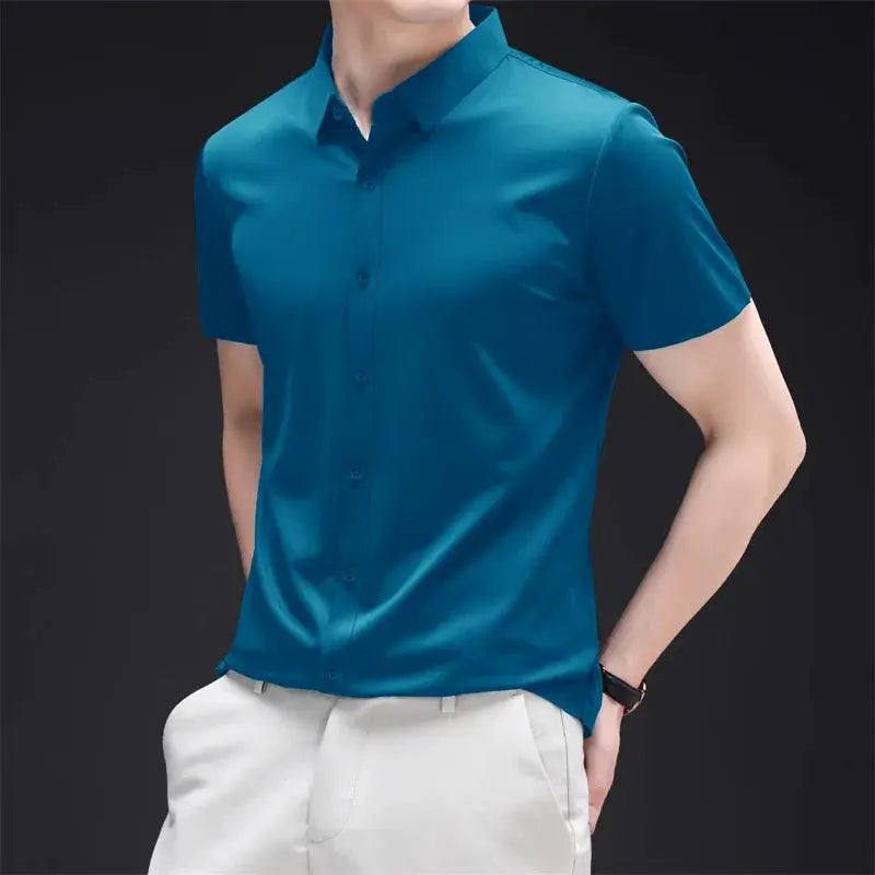 Mens Business Casual Short Sleeved Solid Color Shirt Wrinkle Resistant Wrinkle Free Comfortable All Season Versatile Top