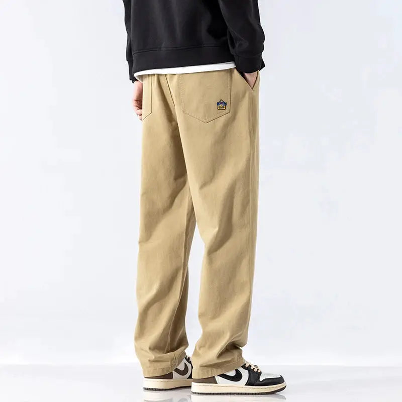 HIQOR Men Casual Cargo Pants in beige cotton with a loose straight wide leg