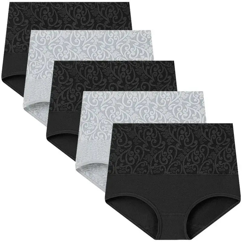 Simples Market 5-piece plus-size high-waist cotton panties in black and gray with damask pattern.
