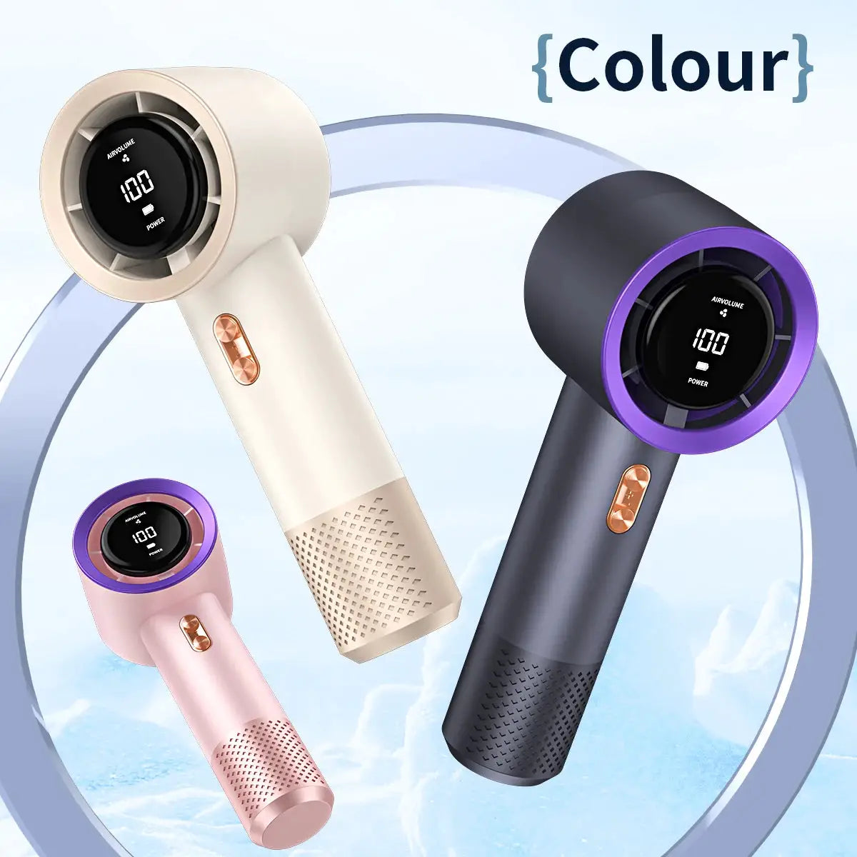 Simples Market handheld high-speed mini fan with six blades and 199 adjustment levels; three colors beige, pink, black.