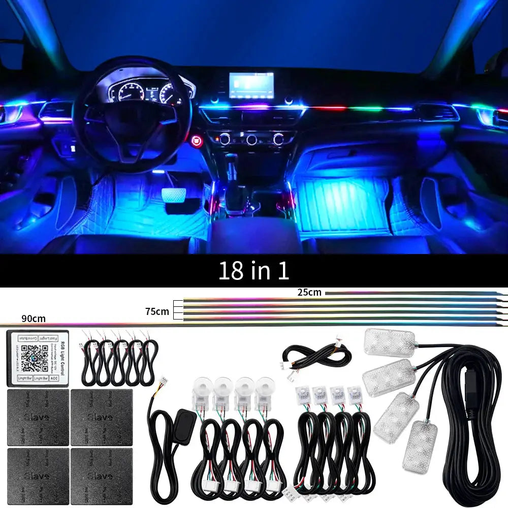 Simples Market 18-in-1 dual-zone car ambient LED kit with RGB acrylic strips and app control