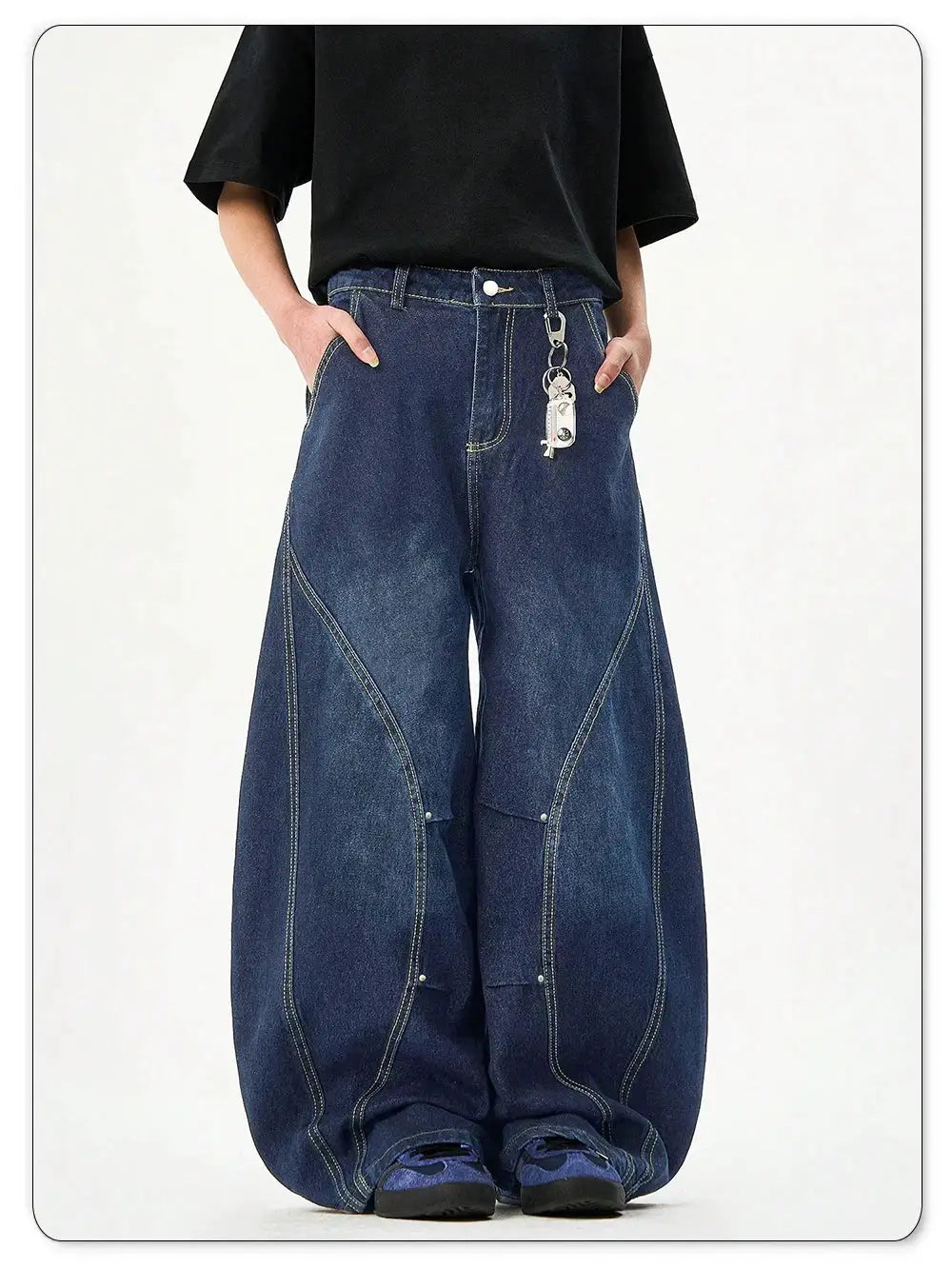 Men's blue wide-leg denim jeans with balloon silhouette and contrast stitching