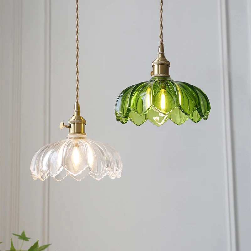 Simples Market vintage glass pendant lights, clear and green scalloped shades with brass hardware, 2-pack