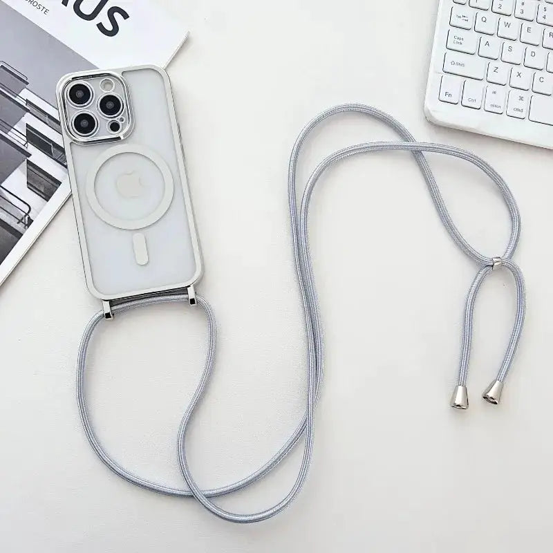 Crossbody lanyard phone case for iPhone with MagSafe, clear back and silver braided cord by Simples Market