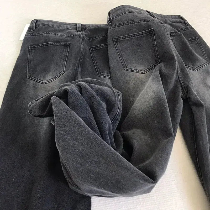Lady Retro High Waist Black Gray Denim Jeans For Women Straight Leg