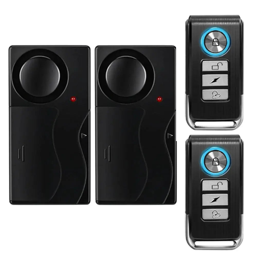 Anchtek 110dB wireless vibration alarm kit by Simples Market with two black units and remote