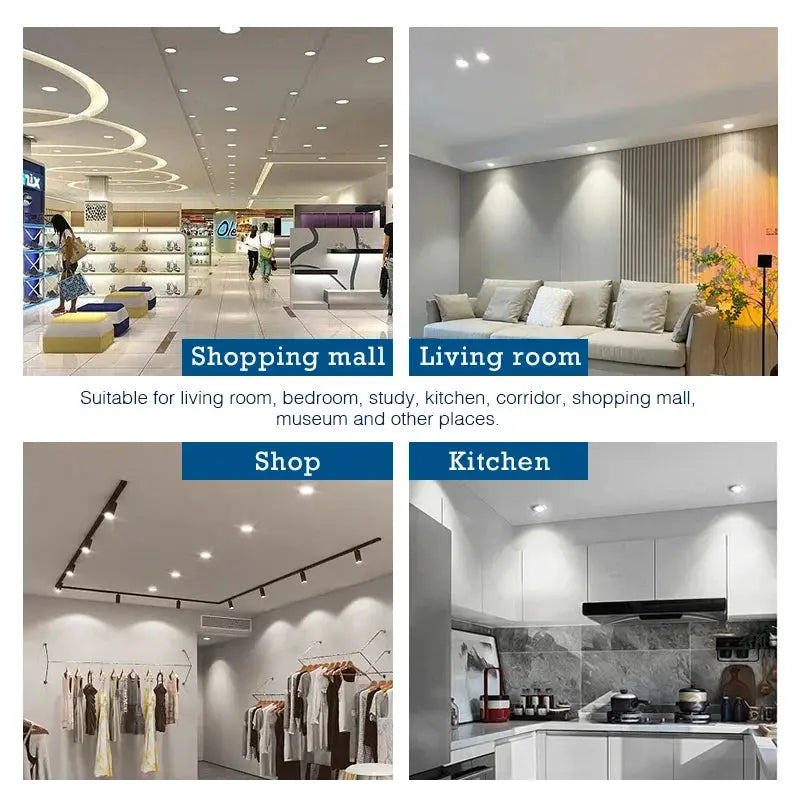 Led Downlight Recessed Round Ceiling Lamps by Simples Market; living room, shop and kitchen lighting collage