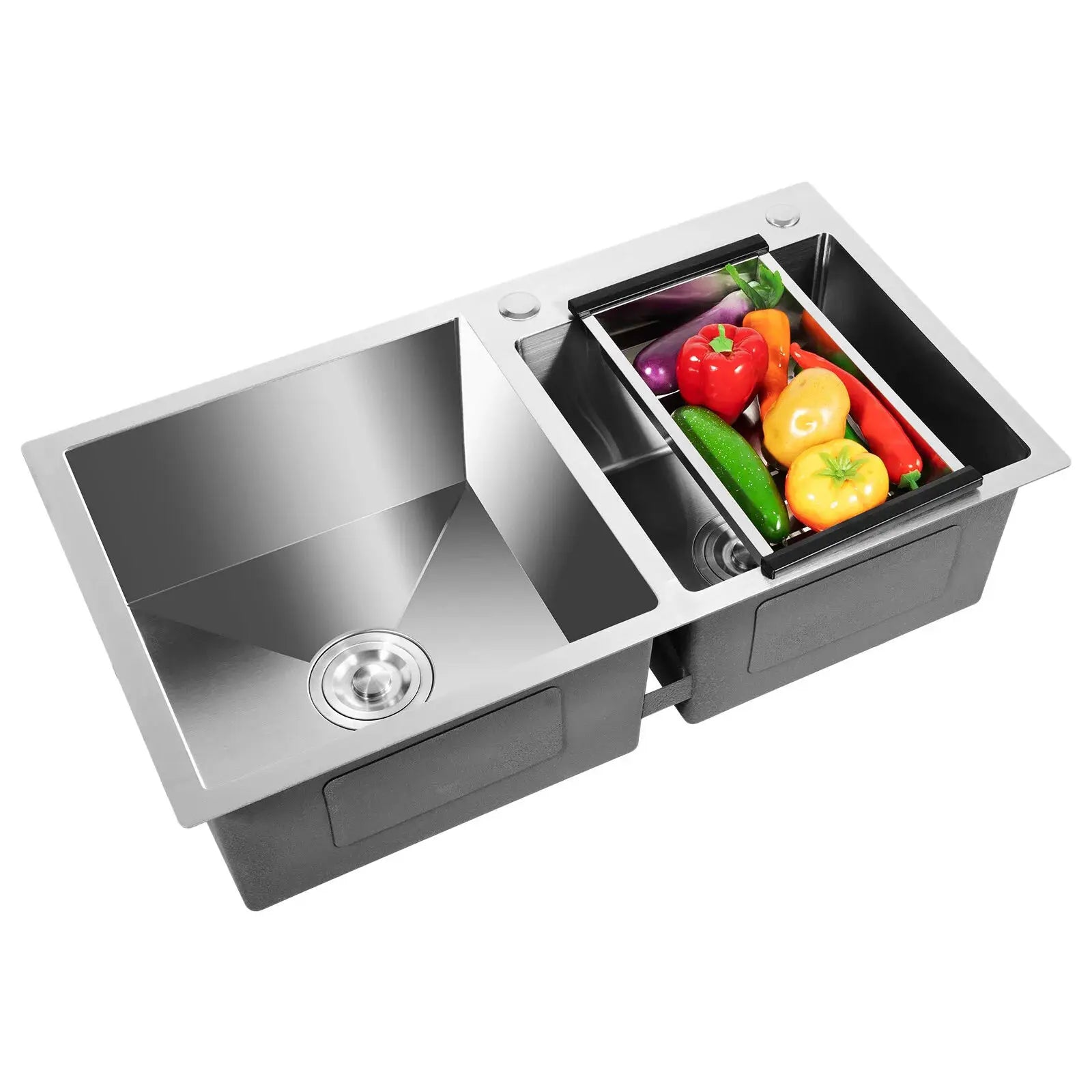 Stainless steel double-bowl drop-in kitchen sink with a right-side insert holding colorful vegetables.