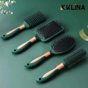 KLINA hair massage air-cushion brush set (4-piece); green handles with copper accents for detangle and anti-static use.
