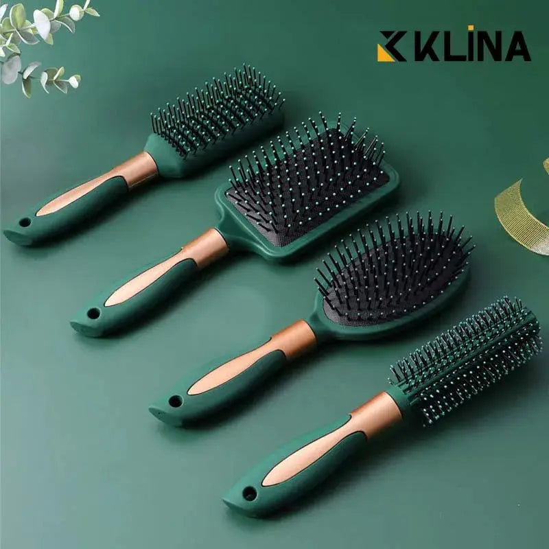KLINA hair massage air-cushion brush set (4-piece); green handles with copper accents for detangle and anti-static use.
