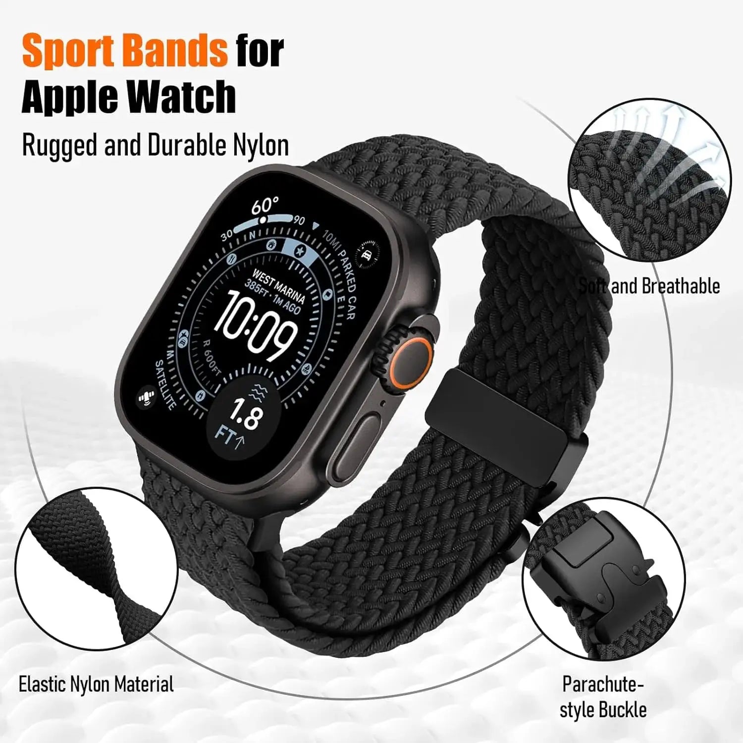 Parachute nylon braided Apple Watch strap, black, for 41-49mm Series 9/8/SE.