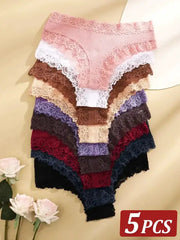 5-piece set of women's cotton lace panties in assorted colors with floral lace trim