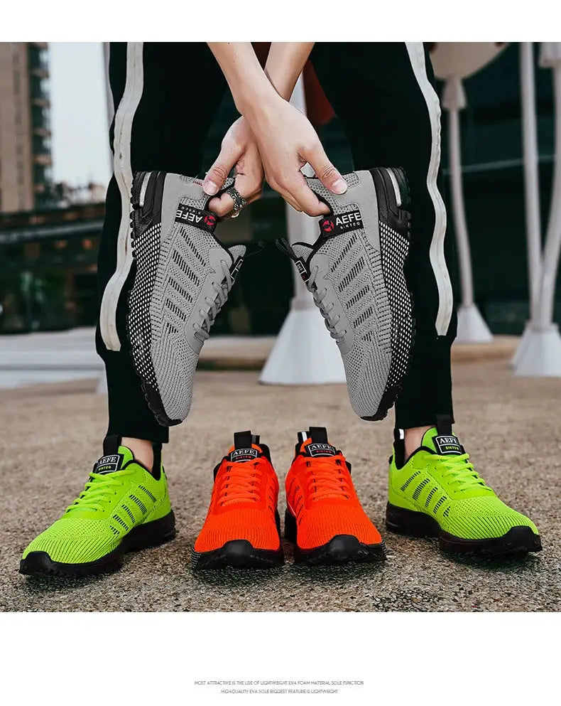 New Simples Market men running shoes; breathable neon green and orange lightweight sneakers, 3 color options shown