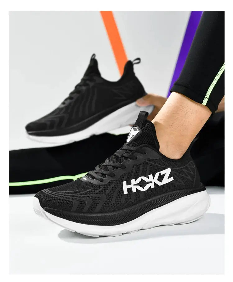 HOKZ running shoes in black breathable mesh with white cushioned sole; two sneakers shown
