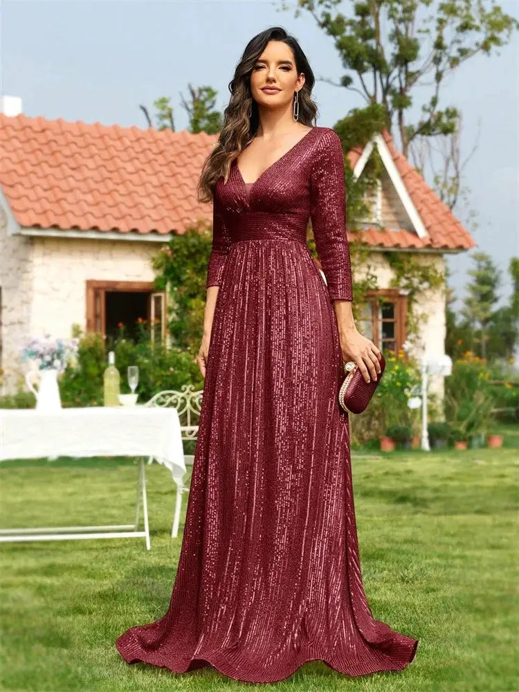 Luxury V Neck Long Sleeve Blue Sequins Formal Evening Dress Women Maxi