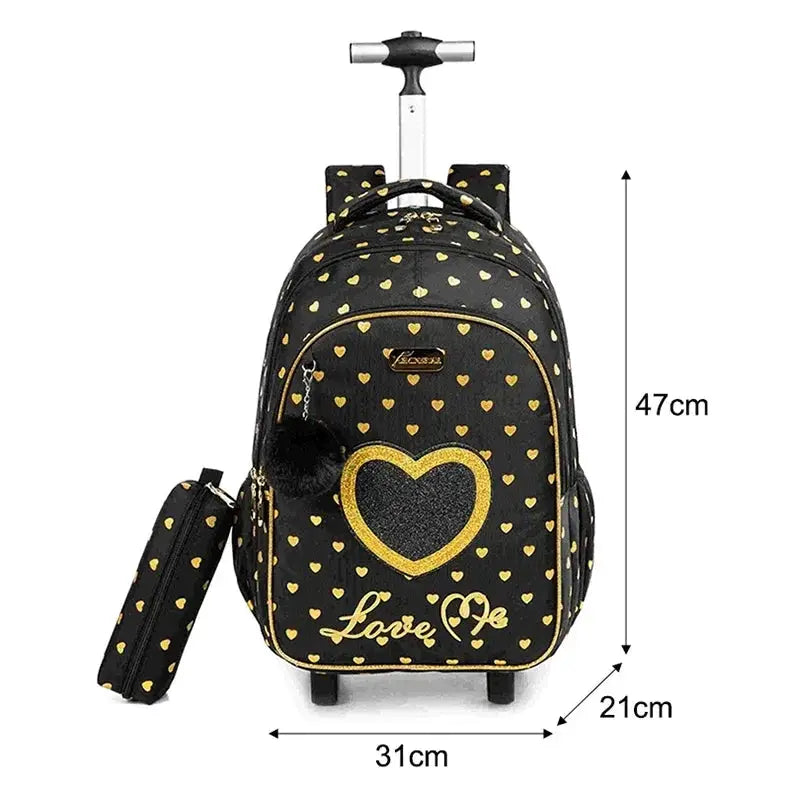 Children's wheeled backpack set with lunch box; black bag with gold hearts and glitter heart accent by Simples Market