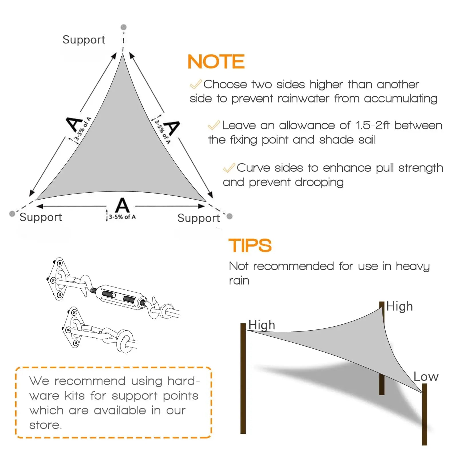 Simples Market triangle waterproof shade sail canopy in sizes 2x2x2m, 3x3x3m, and 5x5x5m for outdoor garden patio.