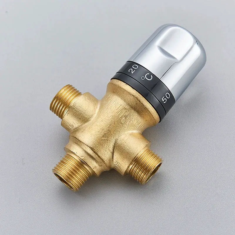 Brass thermostatic mixing valve with chrome dial, four threaded outlets