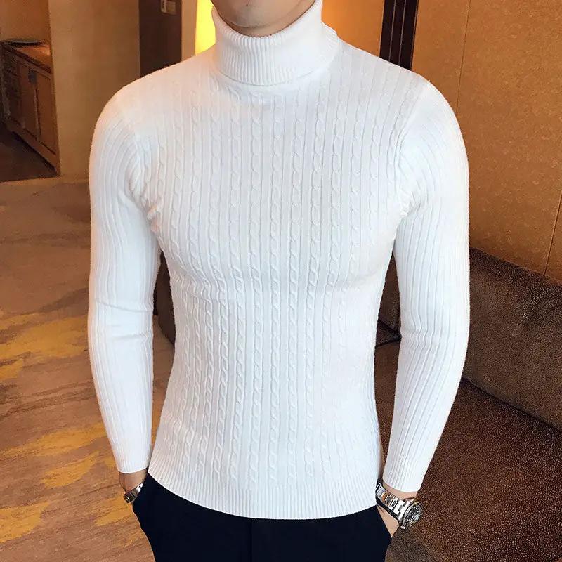 Men's white turtleneck cable-knit sweater by Simples Market, knitted warm pullover