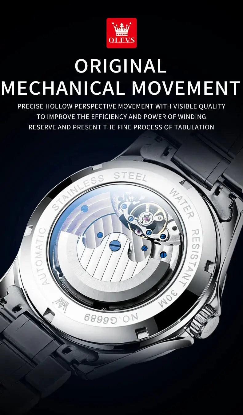 OLEVS skeleton automatic men's watch with stainless steel case back and visible movement