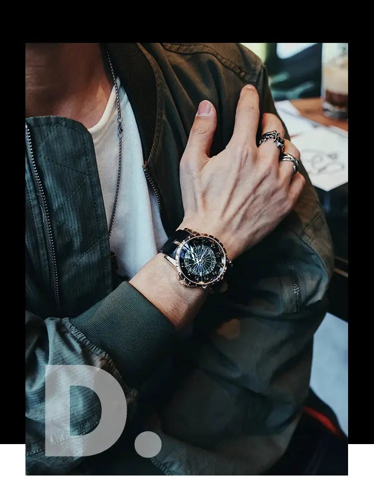 Men's quartz watch with black strap, stainless steel case, blue dial