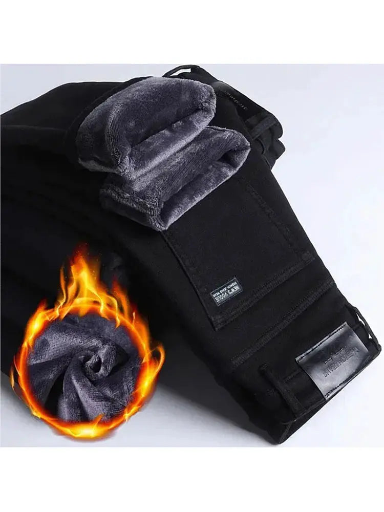 Simples Market men's black fleece-lined denim pants, straight-leg warm winter jeans, plus size