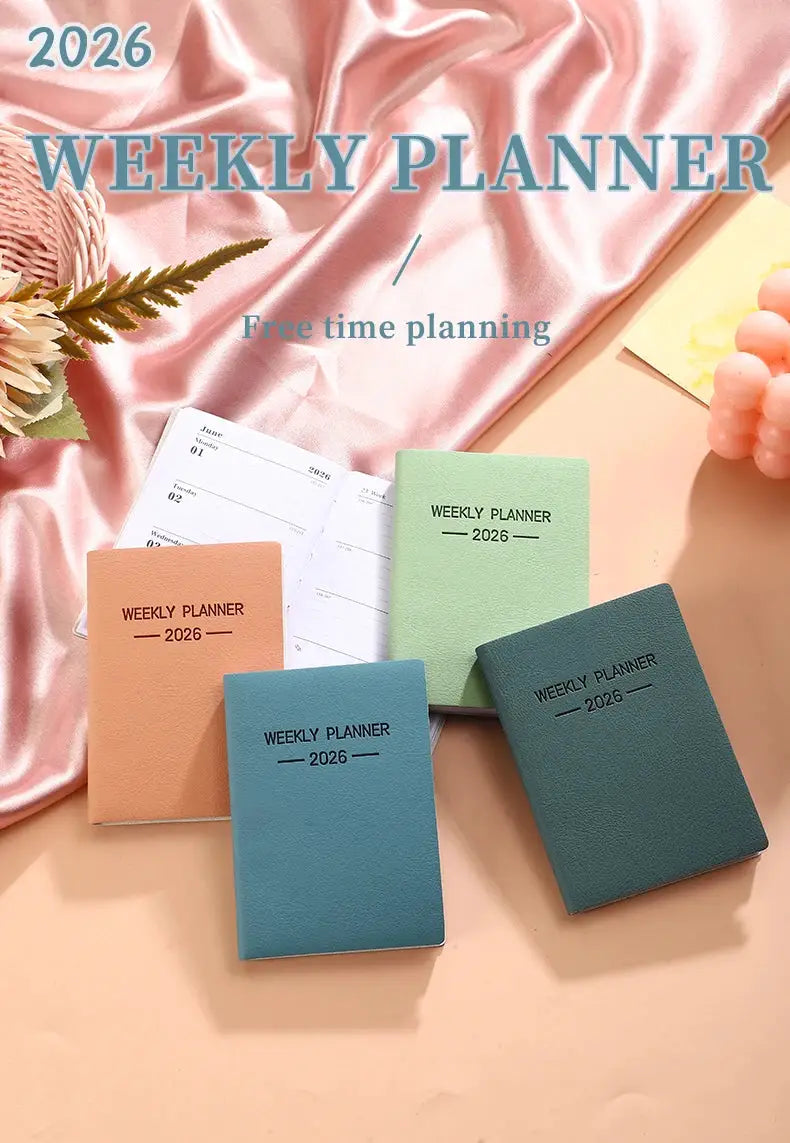 Five A7 weekly planners for 2026 with Morandi pastel PU covers in peach, mint, green, teal and blue