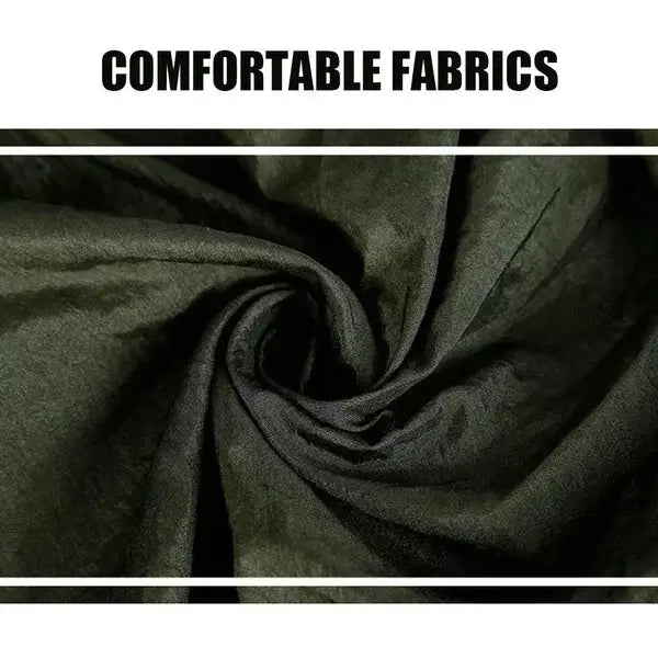 Outdoor single camping hammock fabric in dark olive nylon parachute material; high-strength, portable hanging bed.