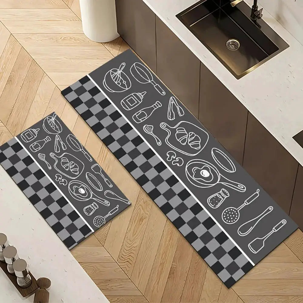 Simples Market non-slip kitchen mats set; long gray velvet runners with chalk-drawn utensils and checkered edges (3-pc)
