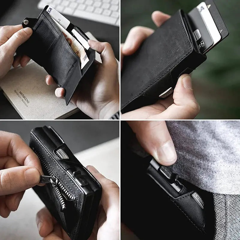 Pop-Up RFID credit card case wallet in black genuine leather with note and coin compartments by Simples Market