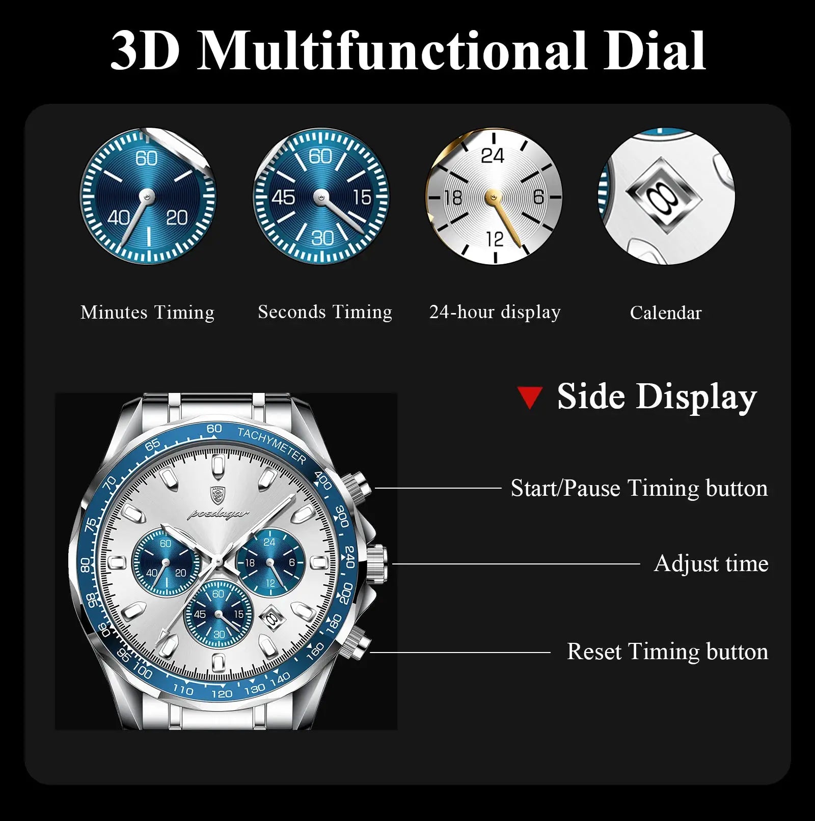 POEDAGAR men's luxury watch with stainless steel bracelet, blue chronograph dial and tachymeter bezel.