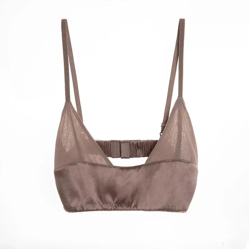 Birdtree women's wireless bralette in taupe silk-spandex blend, thin non-padded straps, elastic back.