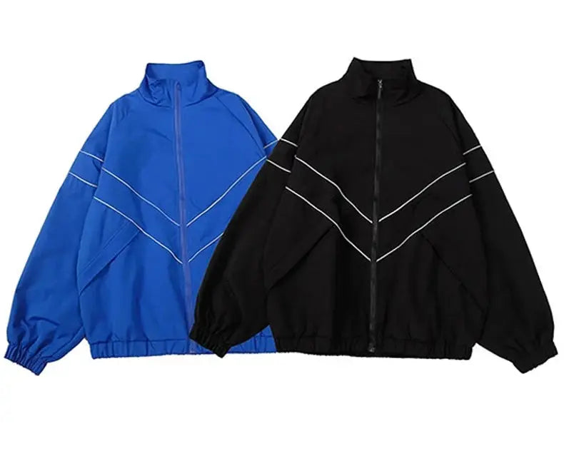 Hip hop varsity windbreaker jackets set of 2 in blue and black with white chevron piping by Simples Market