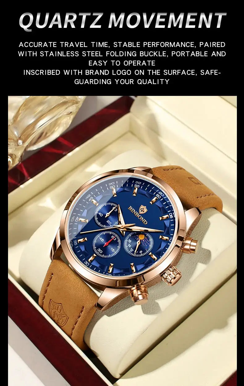 BINBOND men's luxury quartz chronograph watch with blue dial, rose-gold case, and brown leather strap