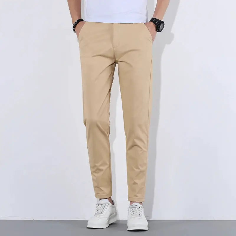HIQOR men's beige cotton casual pants by Simples Market, breathable summer long trousers.