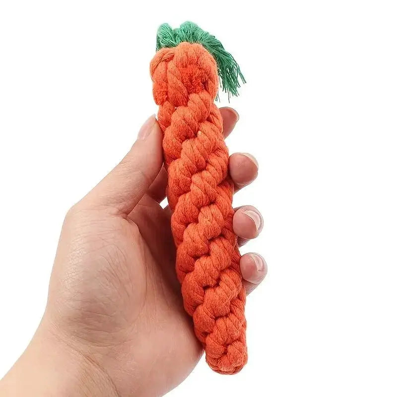 Carrot-shaped pet knot toy, orange braided cotton rope with green frayed tip