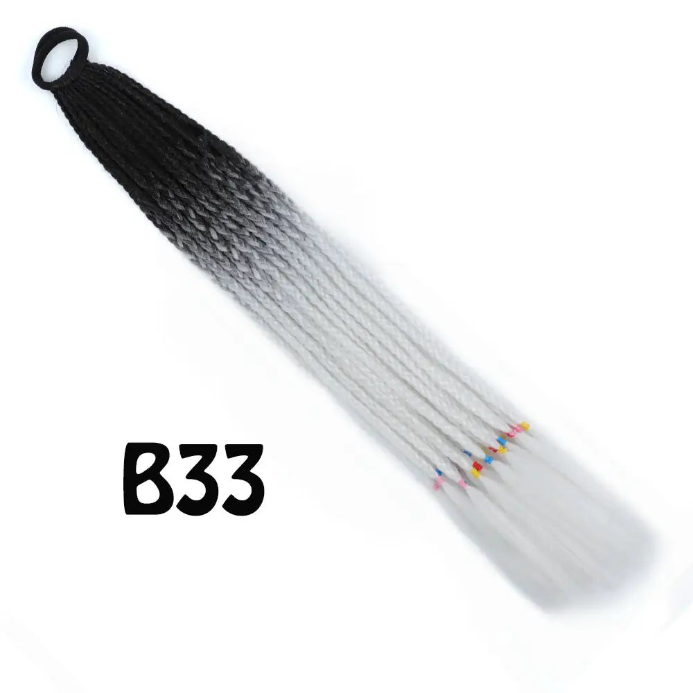 Braided ponytail extension, synthetic gradient from black to white with elastic band and top loop, 24 inches long.