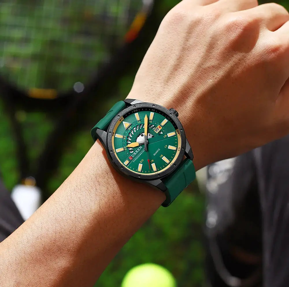 CURREN men's wristwatch with green dial and silicone strap, black case, date window