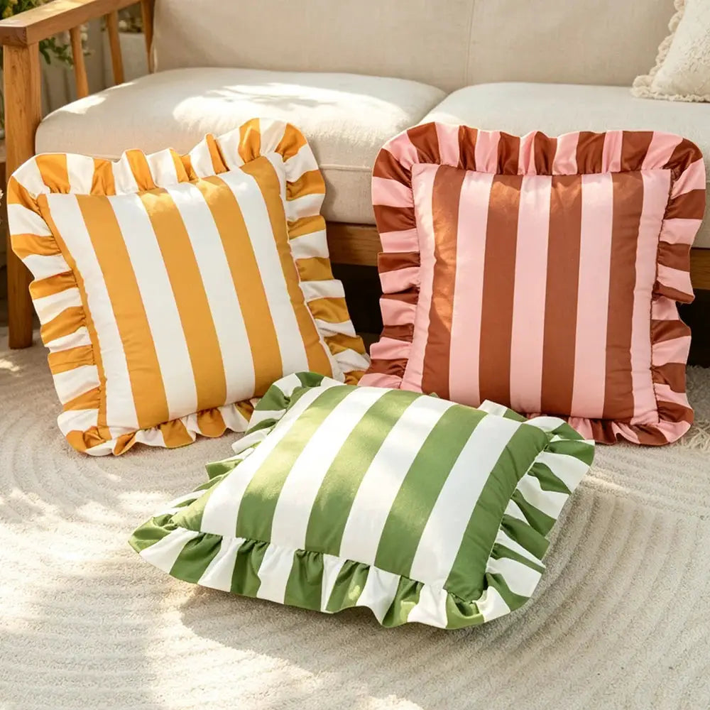 Simples Market striped lace velvet pillowcases, 18x18 inches, with ruffled edges; set of 3 in yellow/white, pink/brown, and green/white.