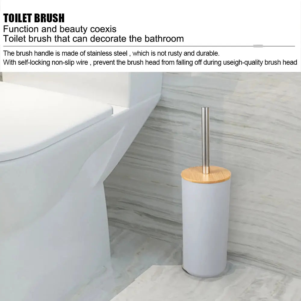 Toilet brush with white cylindrical holder, bamboo lid, and stainless steel handle.