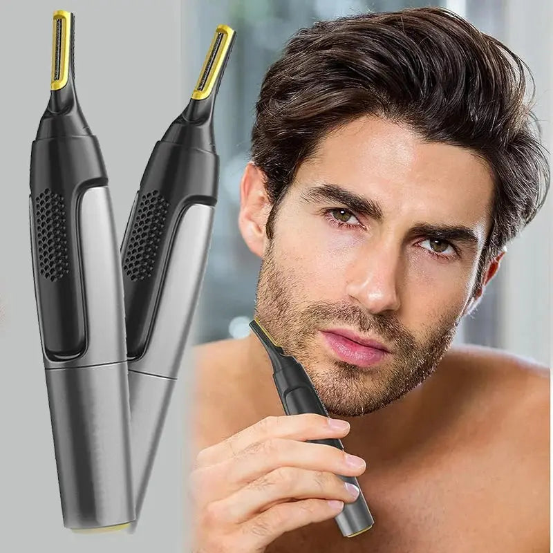 Nose ear face trimmer set by Simples Market; black/gray cordless with yellow accents, 2-pack.