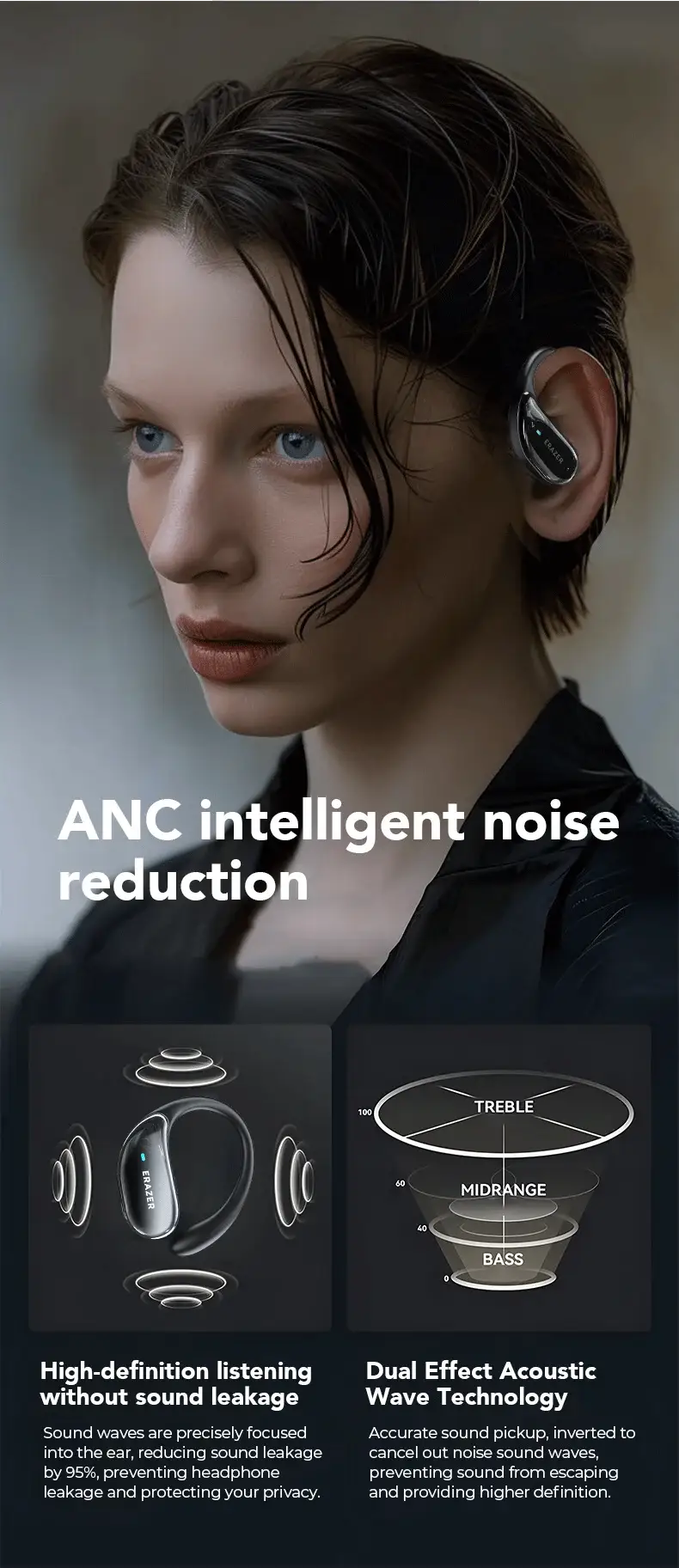 ERAZER XT80pro TWS AI Bluetooth earphones with earhooks, black with silver accents and ANC