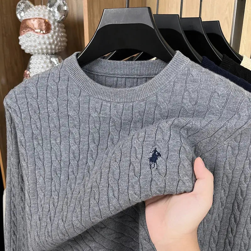 Gray cable-knit men's sweater with navy polo pony embroidery; set of 4