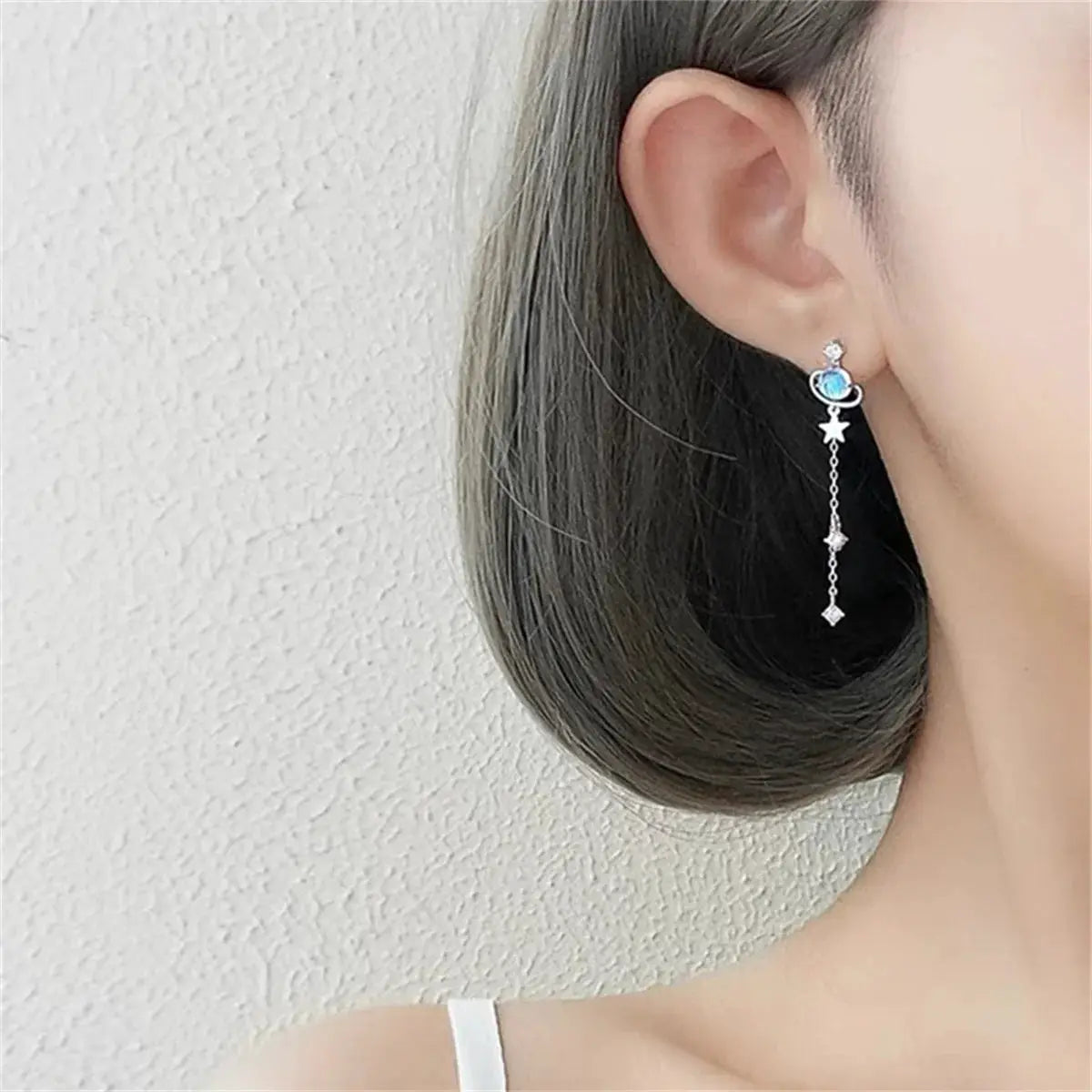 Korean Exquisite Moon Planet Butterfly tassel drop earrings, silver-tone with blue crystal and star charm accents