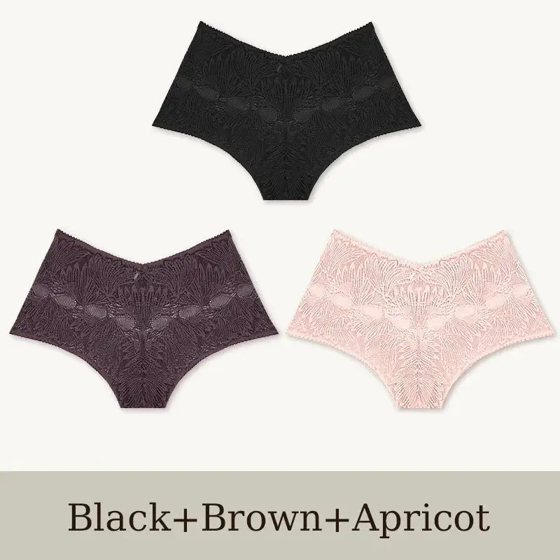 3Pcs women's seamless lace briefs set in black, brown, and apricot; low-rise breathable underwear