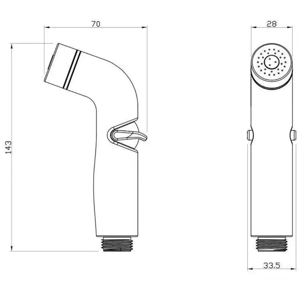 Simples Market toilet bidet sprayer with adjustable flow; handheld shower head shown in front and side technical drawing.